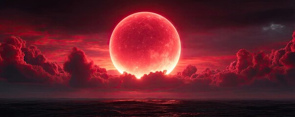 Poster - Red moon behind black clouds in dark abstract sky concept. A stunning view of a blood-red moon illuminating the dark sky.