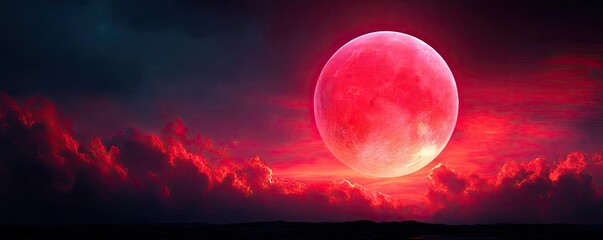 Poster - Red moon behind black clouds in dark abstract sky concept. Stunning view of a red moon among dramatic clouds at night.