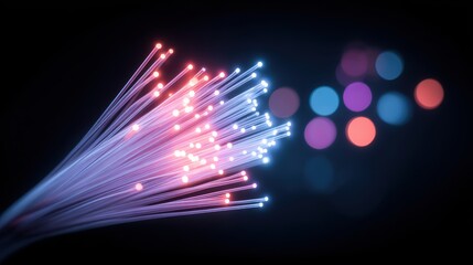 Aufkleber - Colorful fiber optic strands emit light against a dark background, creating a vibrant contrast with circular bokeh lights.