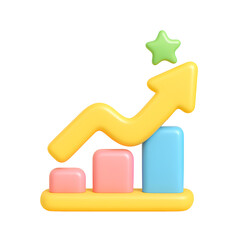 Poster - 3D bar chart with upward arrow and star symbol in pastel colors, transparent PNG business icon
