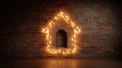 Poster - Neon lights outline a house shape on a textured brick wall, creating a warm, inviting atmosphere.