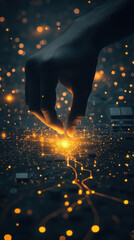 Poster - A hand is reaching out into a field of glowing lights. Concept of curiosity and wonder as the hand reaches out to explore the unknown. The glowing lights create a dreamy, otherworldly atmosphere