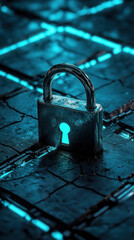 Poster - A blue and silver lock with a keyhole is shown on a dark background. The lock is open, revealing a keyhole. Concept of security and protection