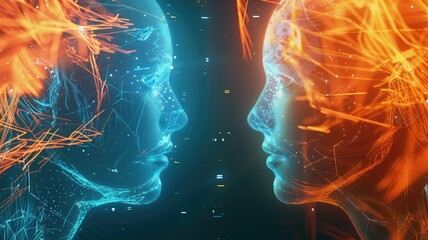 Poster - Abstract digital faces with glowing blue and orange lines facing each other. Digital artwork of face with glowing line. Technology innovation and artificial intelligence concept for design. AIG53.