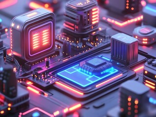 Poster - Futuristic Circuit Board Isometric Illustration: Glowing Neon Accents and Silver Grey Components