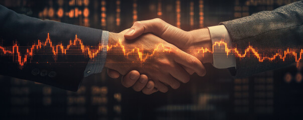 Poster - Two men shaking hands in front of a graph. The graph is orange and has a lot of lines