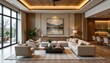 © Charming Studio - Modern elegant living room interior with large windows, minimalist furniture, and serene mountain artwork display