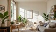 © Charming Studio - Cozy and Bright Living Room with Green Plants and Neutral Tones in a Modern Home Setting