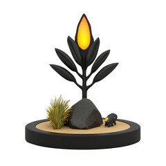 Poster - 3D Render of a Black Plant with Orange Flame and Small Animal