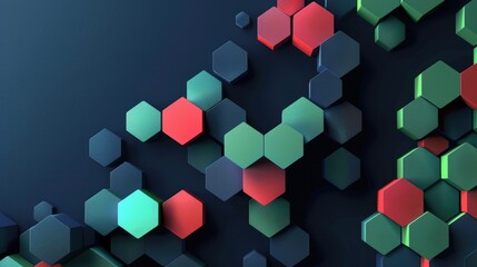 Fototapete - Geometric hexagon shapes in green and red on a dark background. 3D abstract design with depth and perspective. Background image of geometric shape with vibrant color. Technology innovation. AIG51.