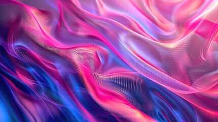 Fototapete - 3D abstract mesh fabric with pink and blue waves. Textured and fluid design. Background image of red and blue gradient color with flowing fabric pattern background. Liquid texture design. AIG51.