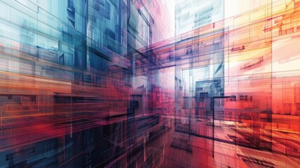 Poster - Mysterious structure in abstract science fiction style. Colorful color line shading express weird shape of building in digital construction concept perfect for futuristic architecture design. AIG53.