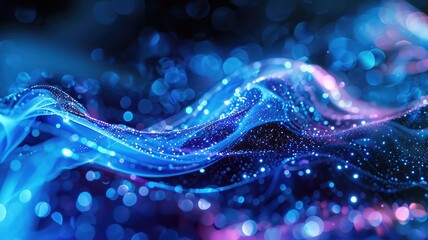 Poster - Wonderful picture of blue light wave, sparkling particles scattered across space background, create abstract bokeh effect perfect for designs that aim to evoke a sense of energetic and fantasy. AIG53.