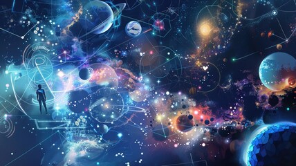 Poster - Abstract glowing blue and orange galaxy with planets and constellations. Digital artwork of space with glowing star and planet with pastel color. Galaxy and nebula.Cosmic and space concept. AIG53.