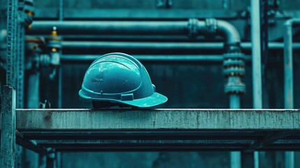 Poster - Blue hard hat resting on metal scaffolding platform with visible industrial piping in background