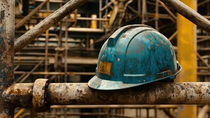 Poster - Blue hard hat resting on metal scaffolding platform with visible industrial piping in background
