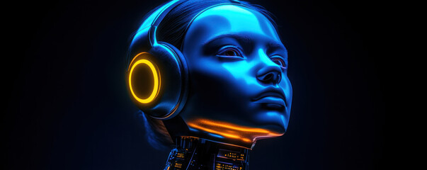 Poster - A woman with a head that is made of metal and has a pair of headphones on her head