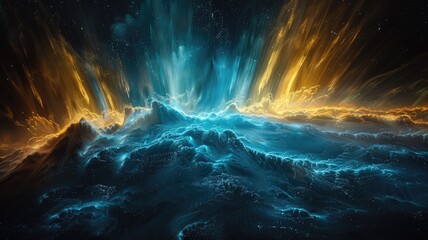 Fototapete - Dynamic light burst with blue and orange particles on a dark background. Digital art for design and print. Abstract artwork of light shining with blue and vibrant color. Energy art design. AIG53.