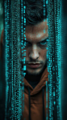 Poster - A man is standing in front of a blue screen with a black hoodie on. The man's face is partially obscured by the screen, and he is looking at the camera. The image has a futuristic