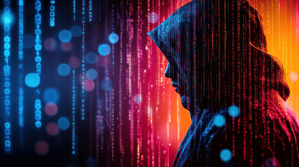 Poster - A person is standing in front of a wall of glowing numbers. The person is wearing a hoodie and he is looking at the wall. Concept of mystery and intrigue