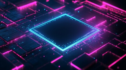 Poster - Glowing Cyan Square in Pink and Blue Digital Grid