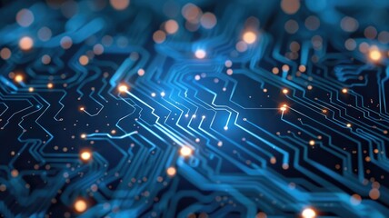 Fototapete - Abstract picture particle in complex circuit with digital technology style design and the electric light graphic show dynamic movement represent processor of chip algorithm process on computer. AIG53.