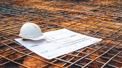 Poster - Construction progress charts and hard hat on a field table surrounded by steel mesh