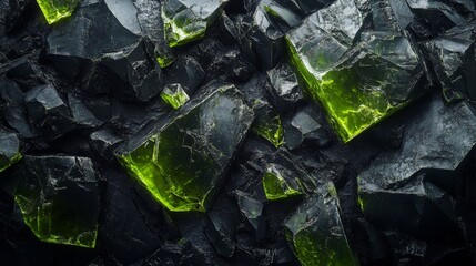 Poster - Glowing Green Crystals on Dark Obsidian Rocks