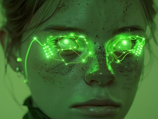 Poster - Glowing Green Neural Interface Portrait