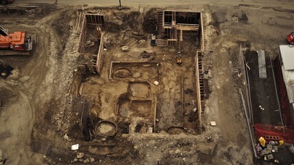 Poster - Drone view of multi-building site with clear stages of excavation, framing, and roofing underway