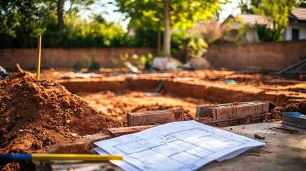 Poster - Early phase of a residential building site with trench work, foundation walls, and blueprints on a table