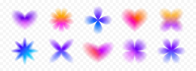 Poster - Colorful blurred gradient flowers and hearts collection. Bright blur aura shapes set. Fading abstract elements for poster, template, badge, sticker, collage. Vector iridescent smooth form stars pack