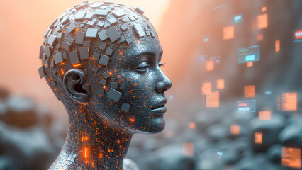 Poster - Futuristic Digital Human Portrait with Technology Elements and Abstract Background