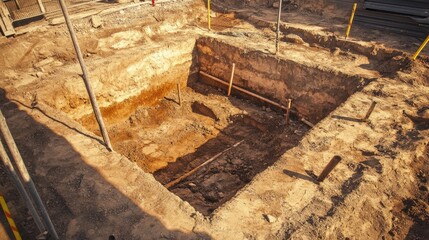 Poster - Foundation excavation site with visible soil layers and survey markers placed around