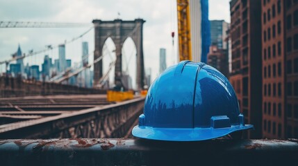 Poster - Hard hat placed on a railing at a bridge construction site with cables and cranes in distance