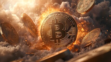 Poster - explosive digital financial graphs with glowing cryptocurrency symbols visualizing the rapid growth 