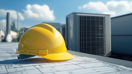 Poster - Hard hat resting on HVAC blueprint with duct layout and equipment specs in view