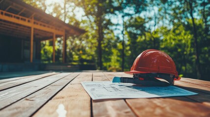 Poster - Helmet on deck of modular home construction with framing plan visible