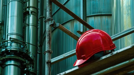 Poster - Helmet on scaffold plank with industrial tanks and ductwork stretching into the background