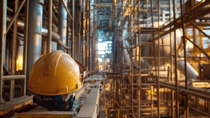 Poster - Helmet on scaffold plank with industrial tanks and ductwork stretching into the background