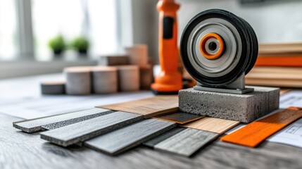 Poster - Industrial setting with building plans, concrete samples, and a laser level device