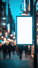 Poster - A white sign is on a pole in a city street. The sign is empty and the street is busy with people walking by. Scene is busy and bustling, with the people going about their daily lives