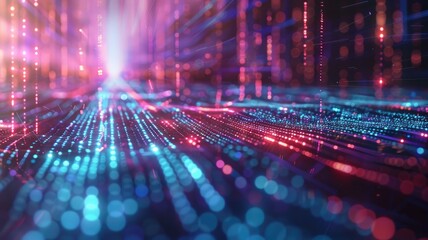 Poster - Abstract picture of neon light particle with digital technology style design connecting become dynamic of electric wave movement represent about flowing of data or structure of network system. AIG53.