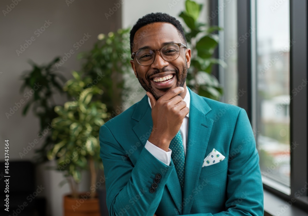 Smiling african american businessman in a teal suit poses confidently ...