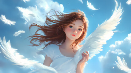 Wall Mural - A young anime girl with flowing brown hair surrounded by floating white feathers in a dreamy sky. [Seraphic Depths] | Seraph Stream | angelic flow. Illustration