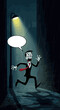 © Krezzo Art - A cartoon zombie in a suit with a red tie runs in panic under a dark sky with a speech bubble.