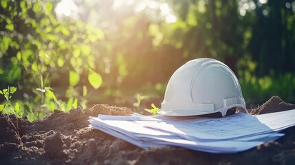 Poster - Safety helmet resting on engineering files and foundation sketches near an excavation site