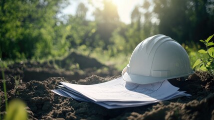 Poster - Safety helmet resting on engineering files and foundation sketches near an excavation site
