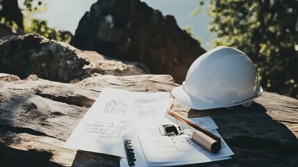 Poster - Safety helmet resting on engineering files and foundation sketches near an excavation site