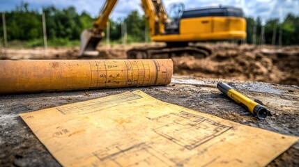 Poster - Safety manual, progress log, and blueprint rolled out on table beside fenced-off construction zone